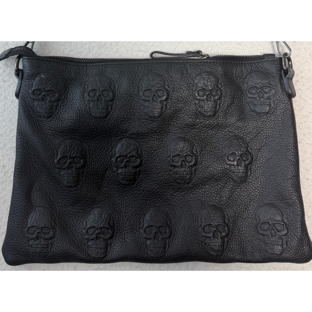 IOpelle Italia Black Leather Embossed Skull Crossbody Bag Made in Italy